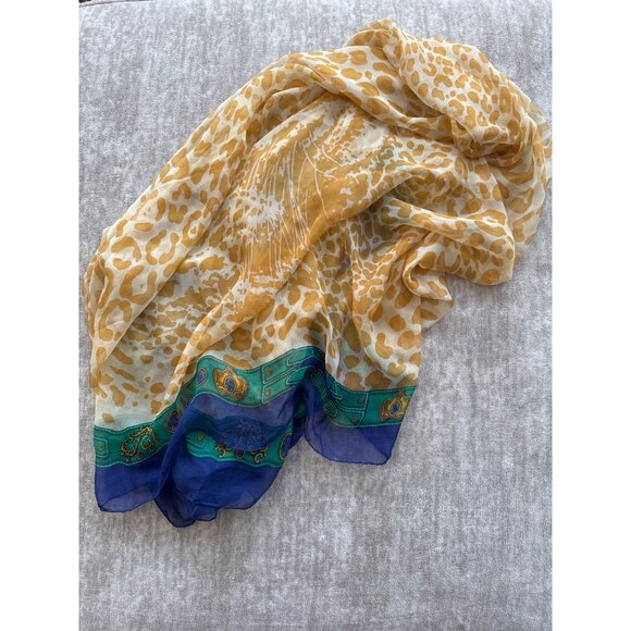 Etienne Aigner 100% Silk Scarf Made in Italy Tiger Leopard Print with Blue Borde - Picture 2 of 9